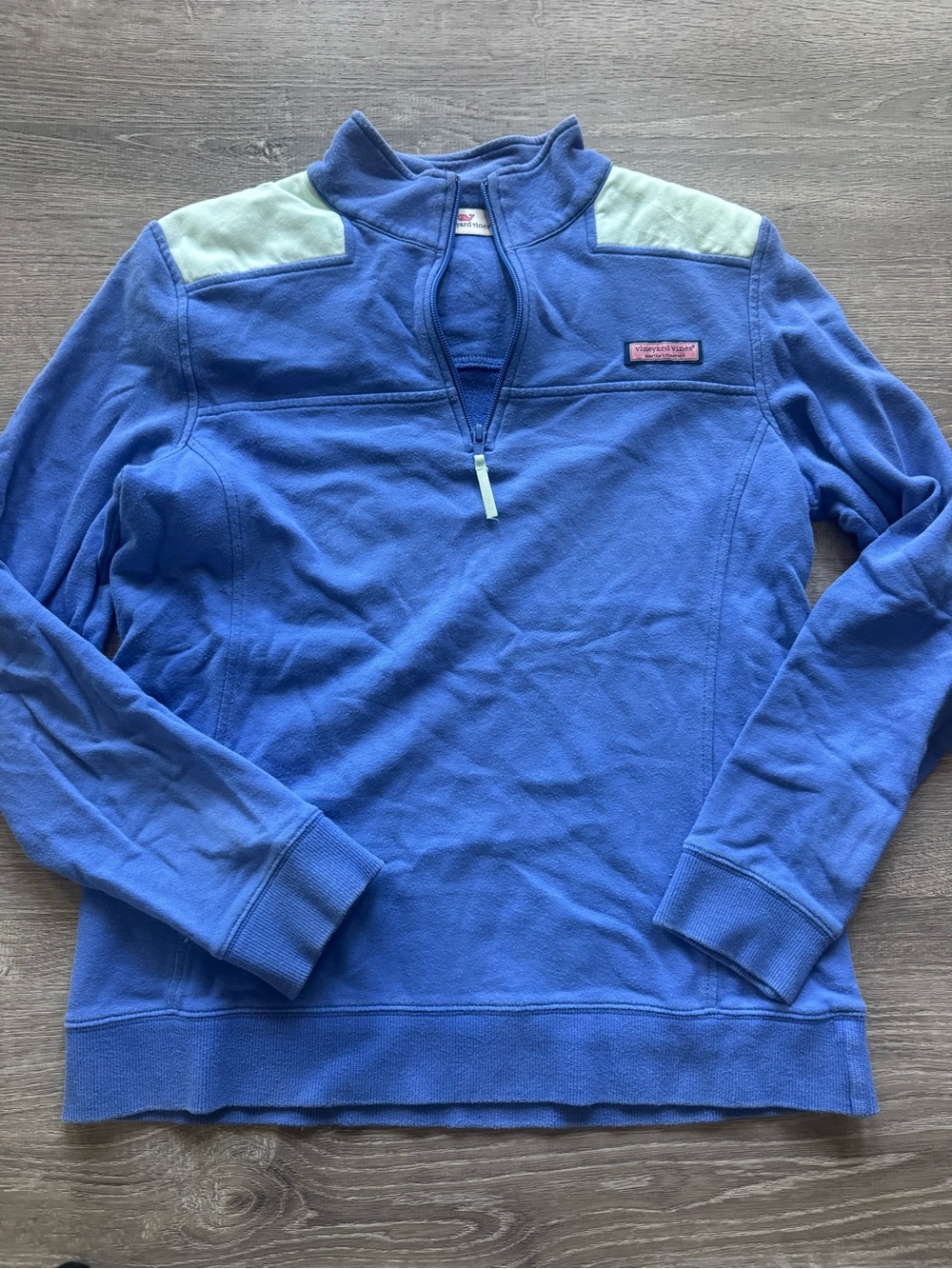 Vineyard Vines Blue Quarter-Zip Pullover with Mint Shoulder Panels
